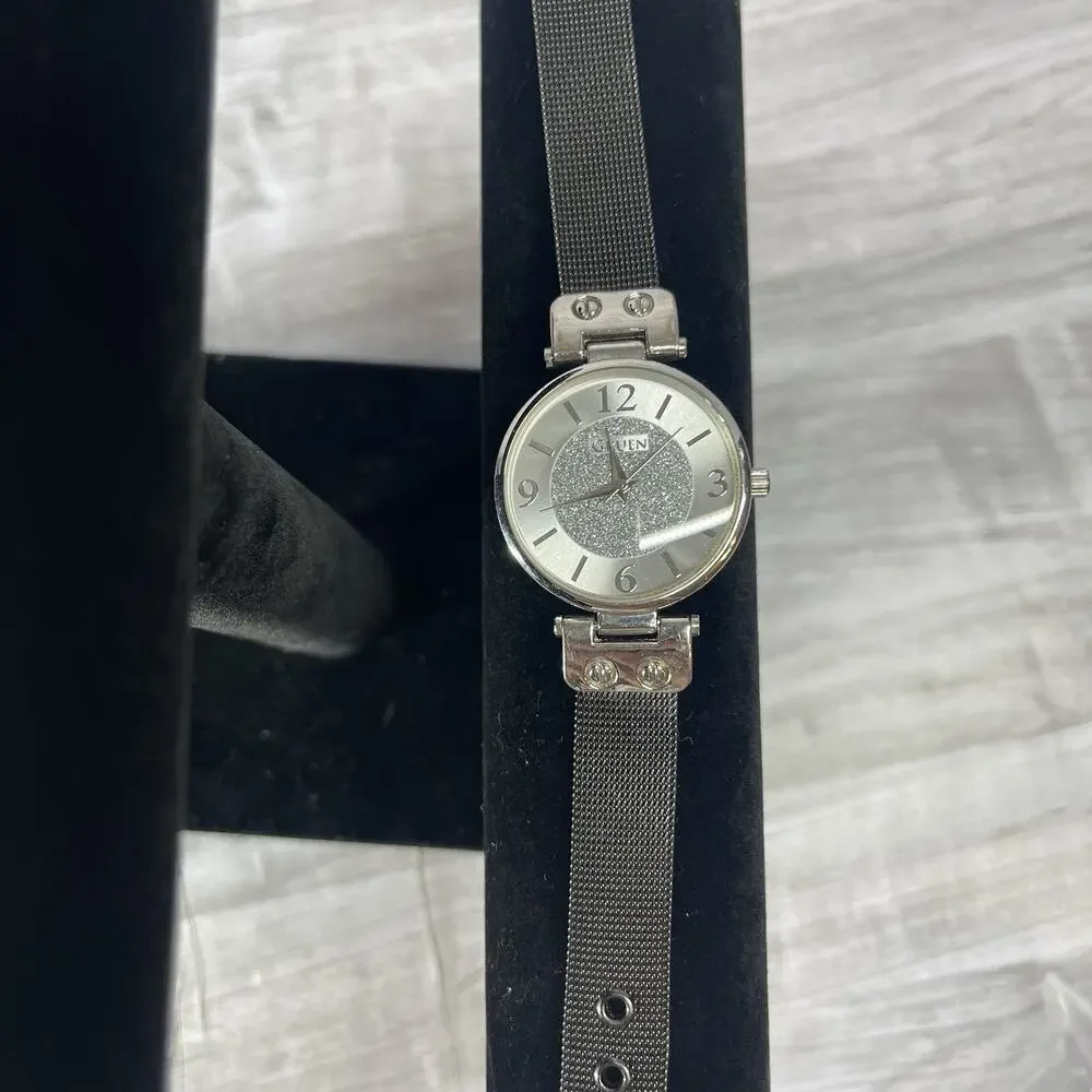 Gruen Wrist Watch Silver Dial Black Mesh Band Glitter 90s Womens Classic Dress